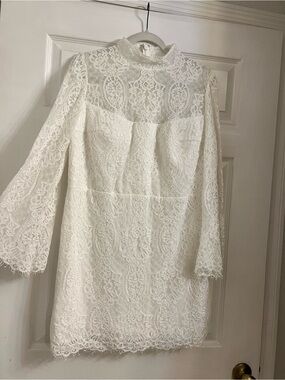 Azazie White Long-Sleeve Lace High-Neck Dress